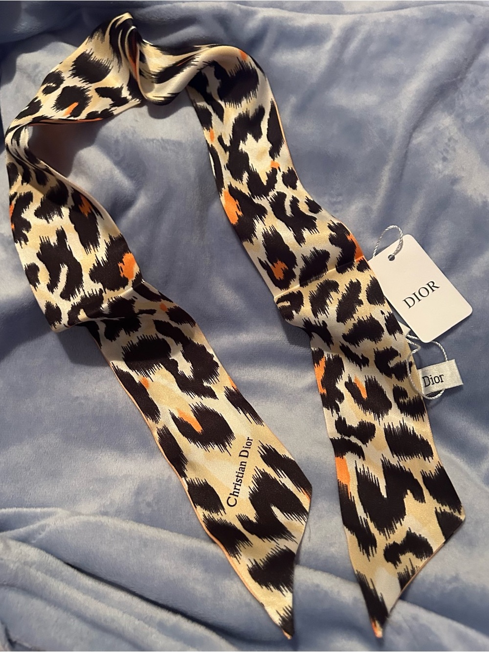 Leopard Print Silk Twilly in Black, Cream & Orange Accents